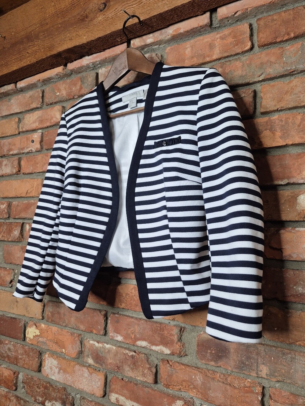 H&M Breton Stripe Cropped Blazer Nautical Open Front Tailored Structured Jacket - Picture 3 of 8